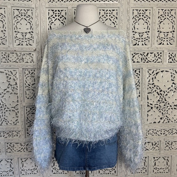 Handmade Baby Blue & Cream Fuzzy Oversized Boatneck Sweater Sz Large - Picture 1 of 6